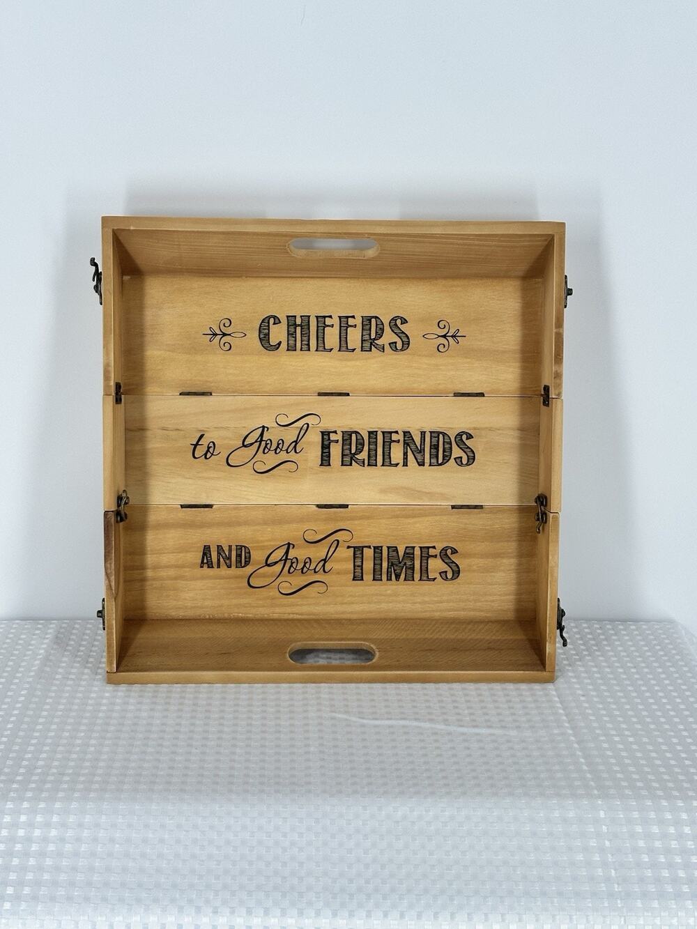 Wooden Serving Tray Folds Up To Carry WINE 15”x15” Coastal Bar Party